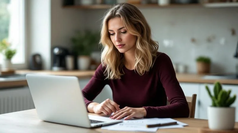 Frau liest Foerderantrag am Kuechentisch in einer Pforzheimer Wohnung