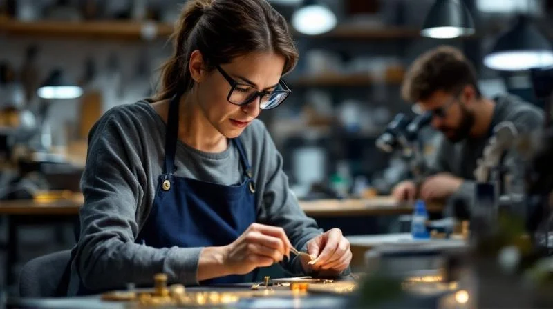Ausbilderin in einer Pforzheimer Schmuckwerkstatt zeigt einem jungen Goldschmiede-Lehrling Präzisionstechnik