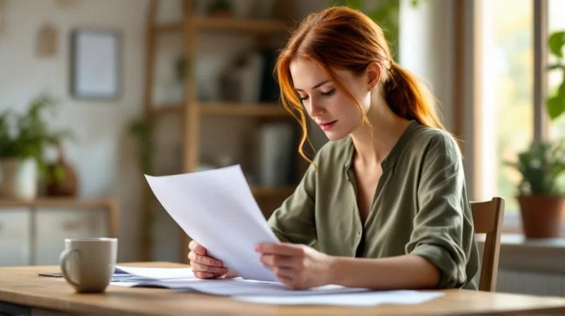 Frau sitzt an einem Schreibtisch und liest Formulare in einer hellen Wohnung in Pforzheim