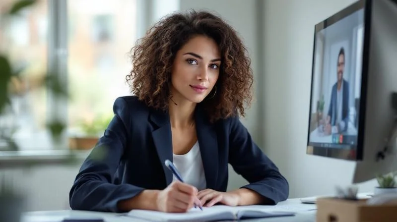 Frau macht sich Notizen beim Online-Unterricht in einem Pforzheimer Buero