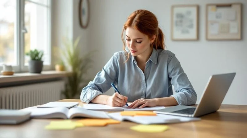 Frau bereitet sich auf eine IHK-Pruefung vor an einem Schreibtisch in Pforzheim