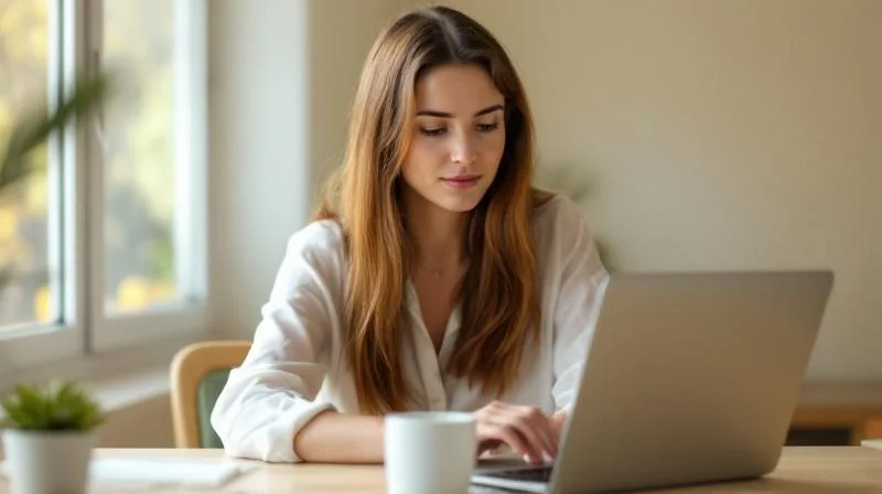 Frau in hellem Pullover sitzt am Schreibtisch und lernt konzentriert an einem Laptop in einem modernen Arbeitszimmer in Pforzheim