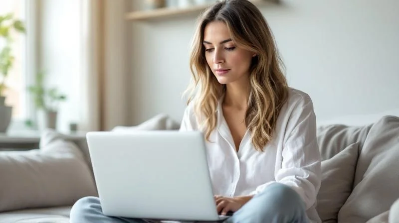 Frau sitzt mit Laptop in einem hellen Homeoffice in Pforzheim