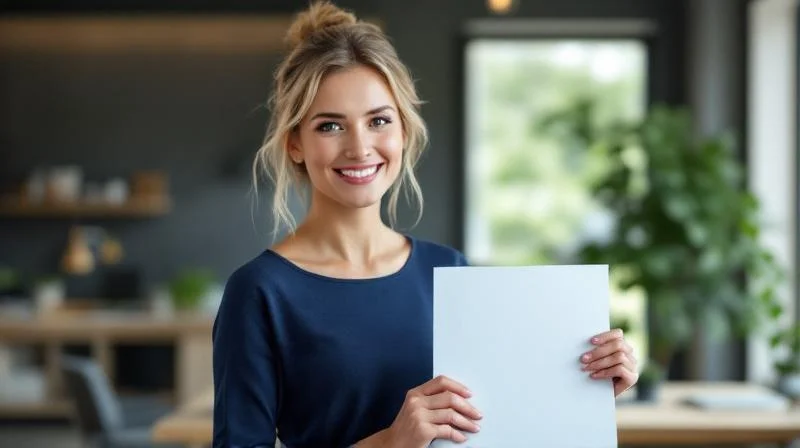 Frau haelt stolz ein Zeugnis in einem hellen Buero in Pforzheim