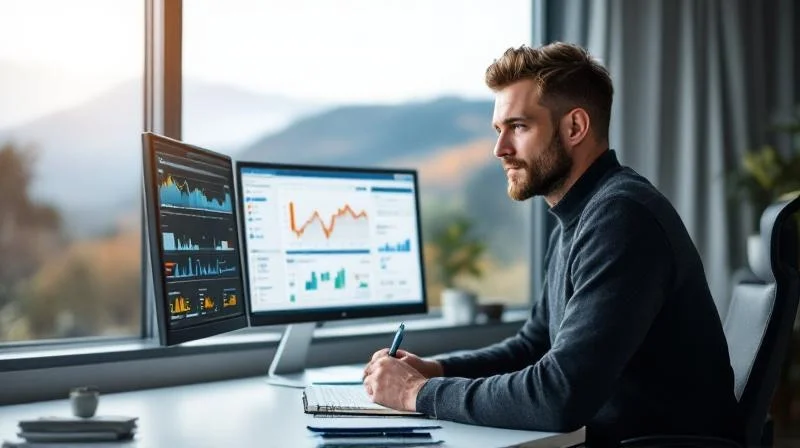 Quereinsteiger in einem Pforzheimer Tech-Büro analysiert Produktionsdaten mit Schwarzwald-Panorama im Fenster