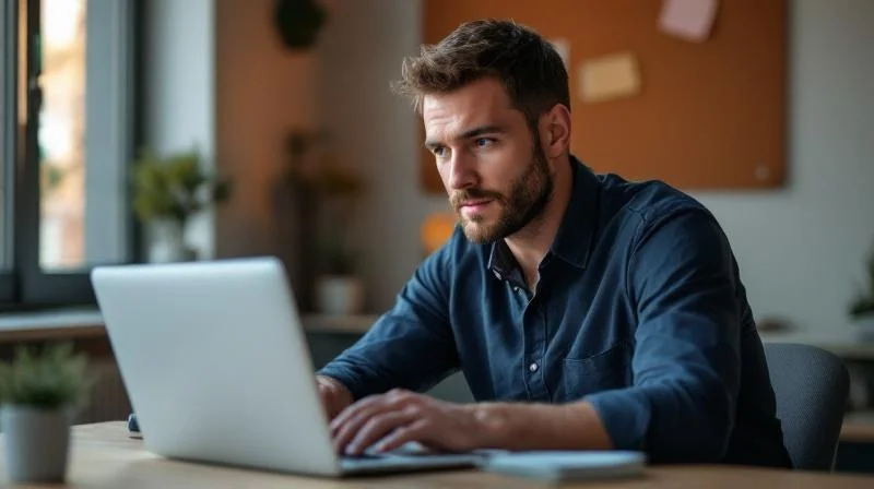 Mann arbeitet an einem Laptop in einem modernen Arbeitsraum in Pforzheim