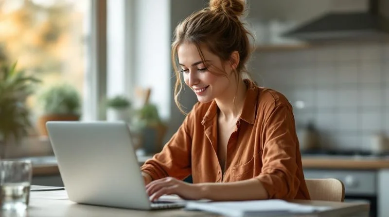 Frau lernt am Laptop in einem hellen Zimmer in Pforzheim