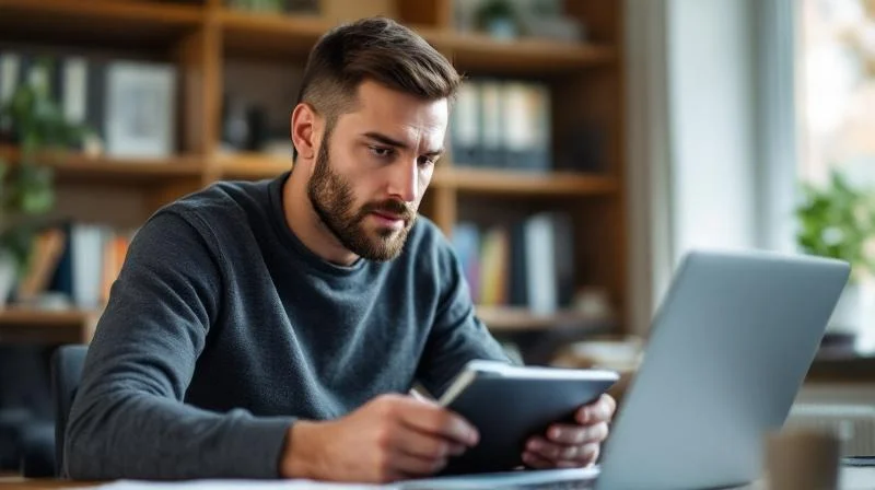 Mann lernt am Schreibtisch fuer den Wirtschaftsfachwirt in Pforzheim